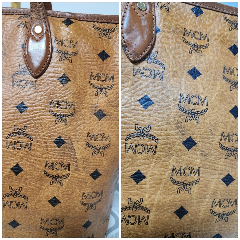 MCM Visetos Striped Shopper Tote Bag Cognac - Picture 9 of 14